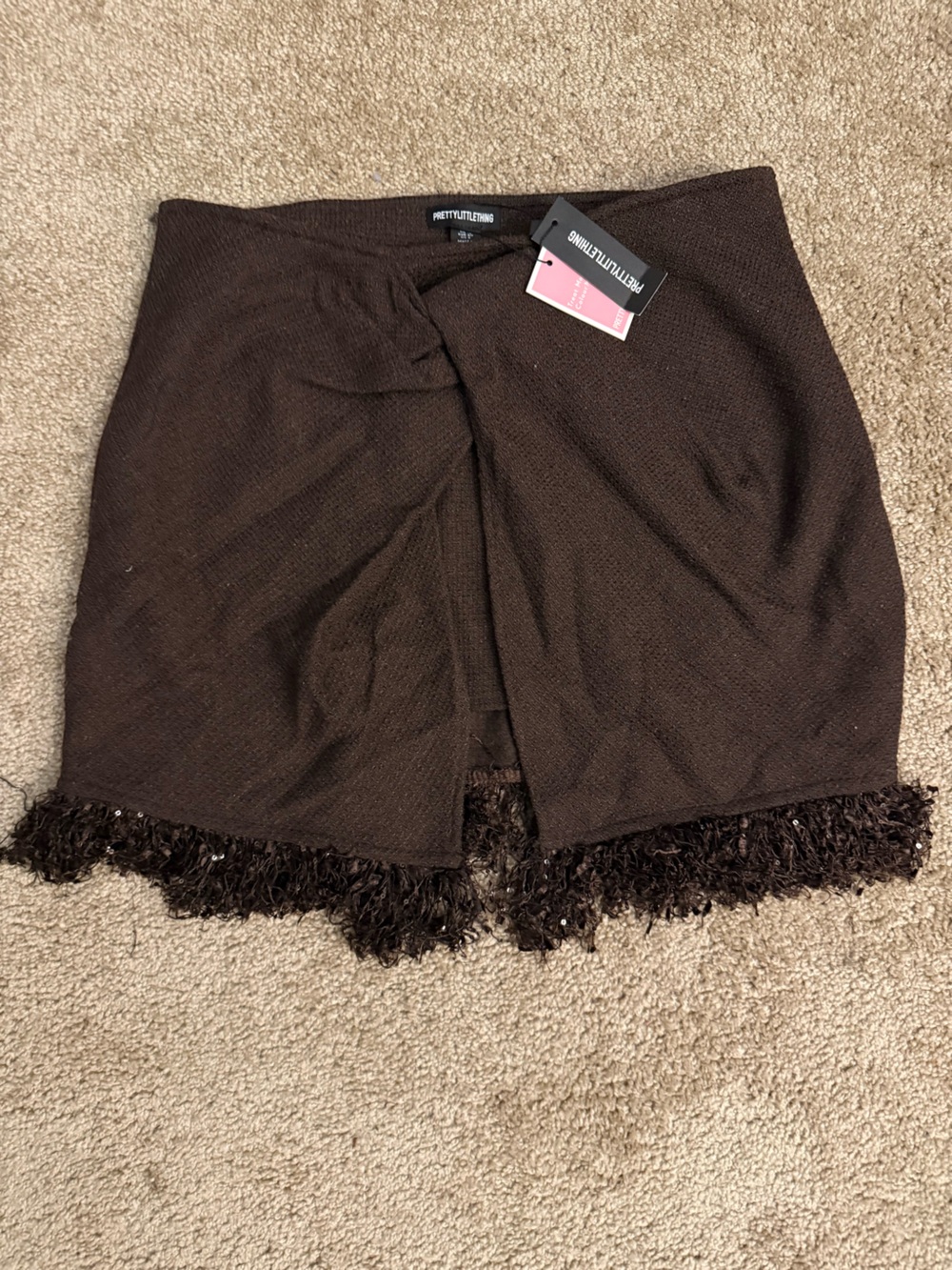 PrettyLittleThing Brown Mini Skirt with Fringe Trim